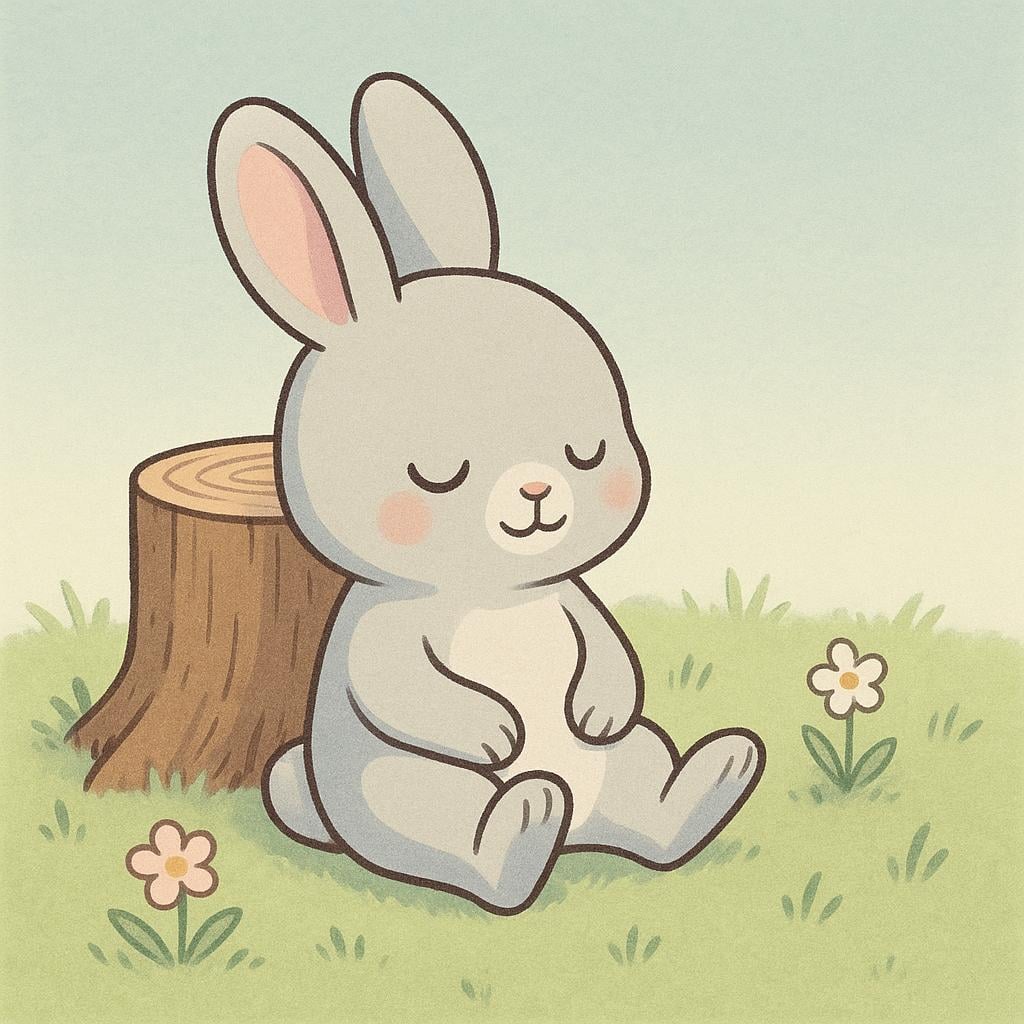 A simple cartoon rabbit character sitting down in a grassy field, leaning against a tree stump with its eyes closed, taking a restful pause.
