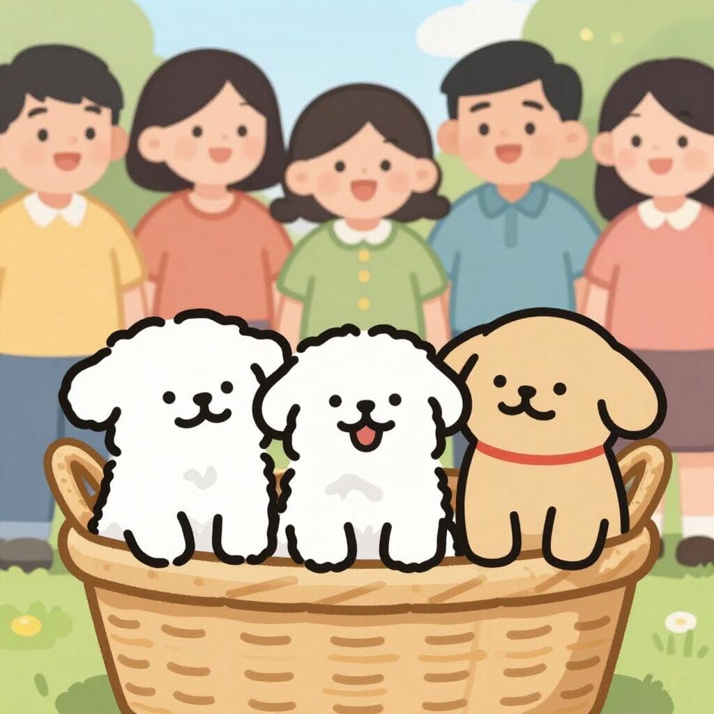 かごの中に座っている数匹のかわいい子犬たちが、群衆の笑顔と歓声を誘っている様子。
