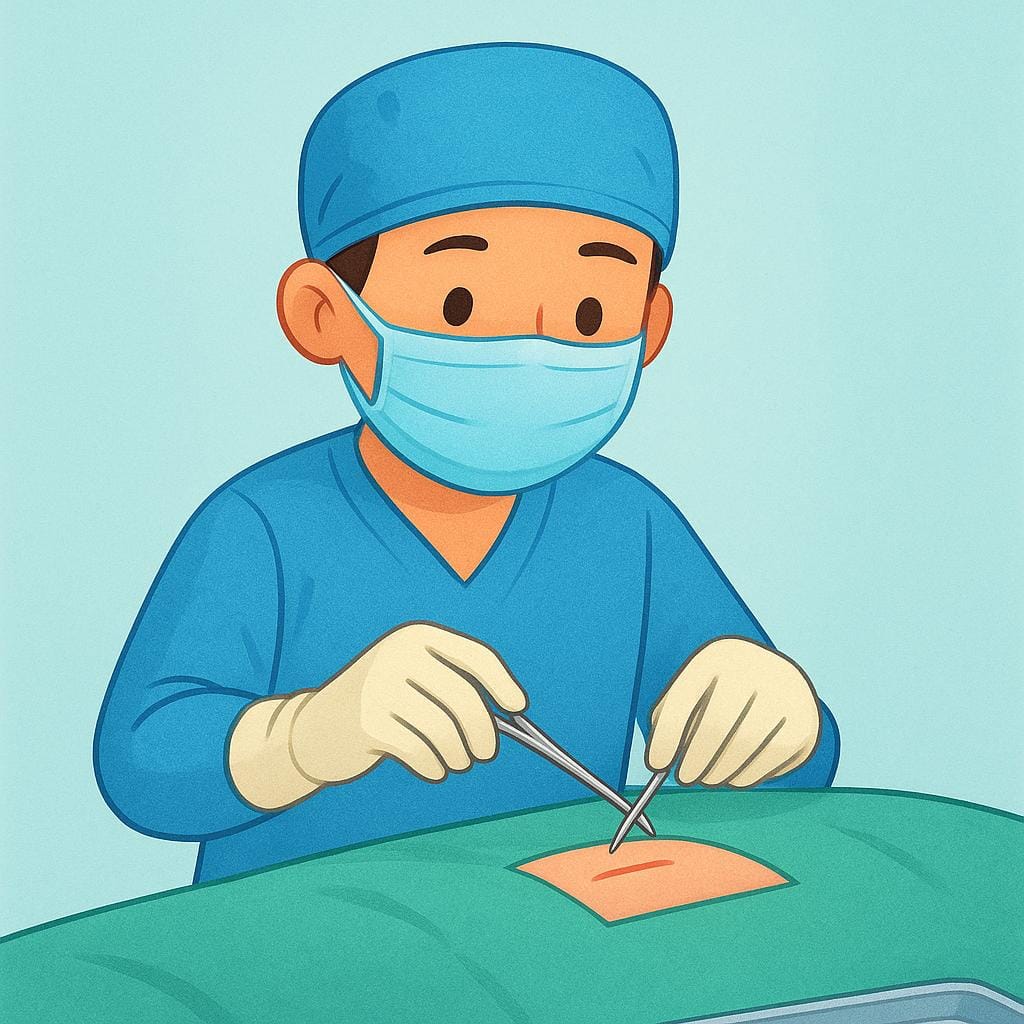 A surgeon wearing blue scrubs, a mask, and a cap, holding a small surgical instrument precisely in their hands, ready to perform a procedure.
