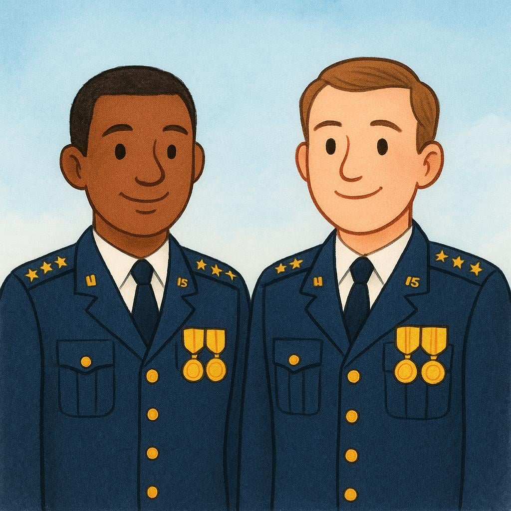 Two military officers in formal dress uniforms with gold stars on their shoulders standing side by side.