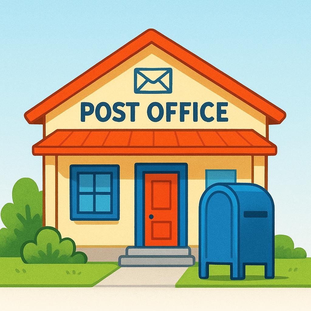 Eine farbenfrohe, simple Illustration eines kleinen Postgebäudes mit einem prominent platzierten klassischen blauen Briefkasten in der Nähe des Eingangs.