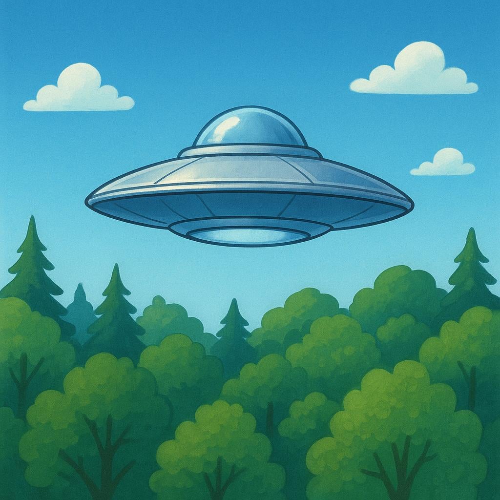 A silver, circular flying saucer hovers silently over the treetops of a dense green forest.