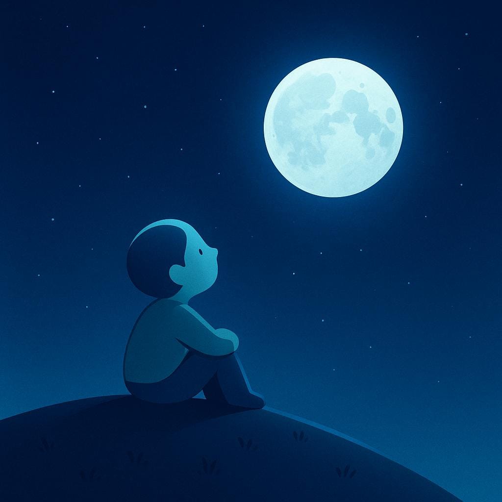 A simple silhouette of a person sitting alone on a low grassy hill at night, gazing upward at a large, bright full moon, conveying a feeling of profound contemplation.