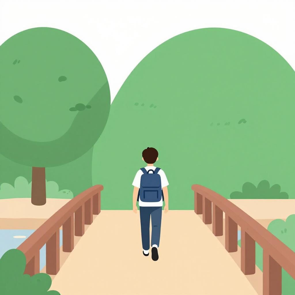 A traveler with a backpack walking across a bridge connecting two green hills.
