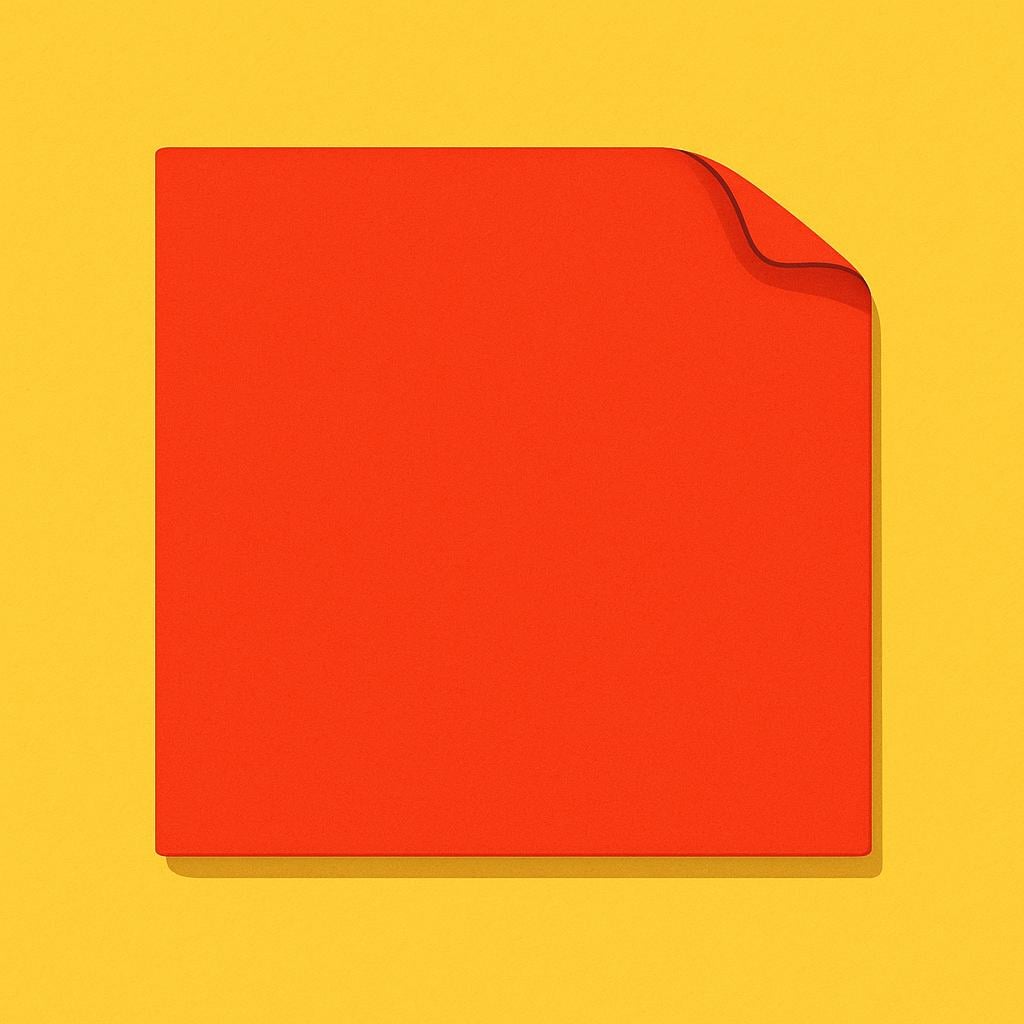 Een felrood papieren vierkant stevig vastgeplakt aan een platte, eenvoudige gele muur, wat de handeling van hechten illustreert.