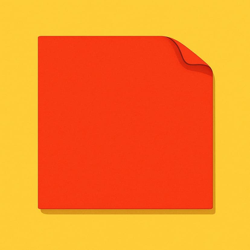 A bright red paper square firmly stuck to a flat, simple yellow wall, illustrating the act of adhering.
