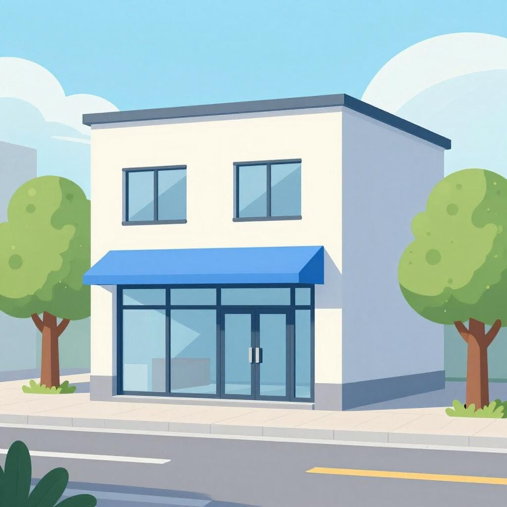 Um edifício moderno com grandes janelas de vidro e um logotipo proeminente, representando uma filial local de uma empresa.