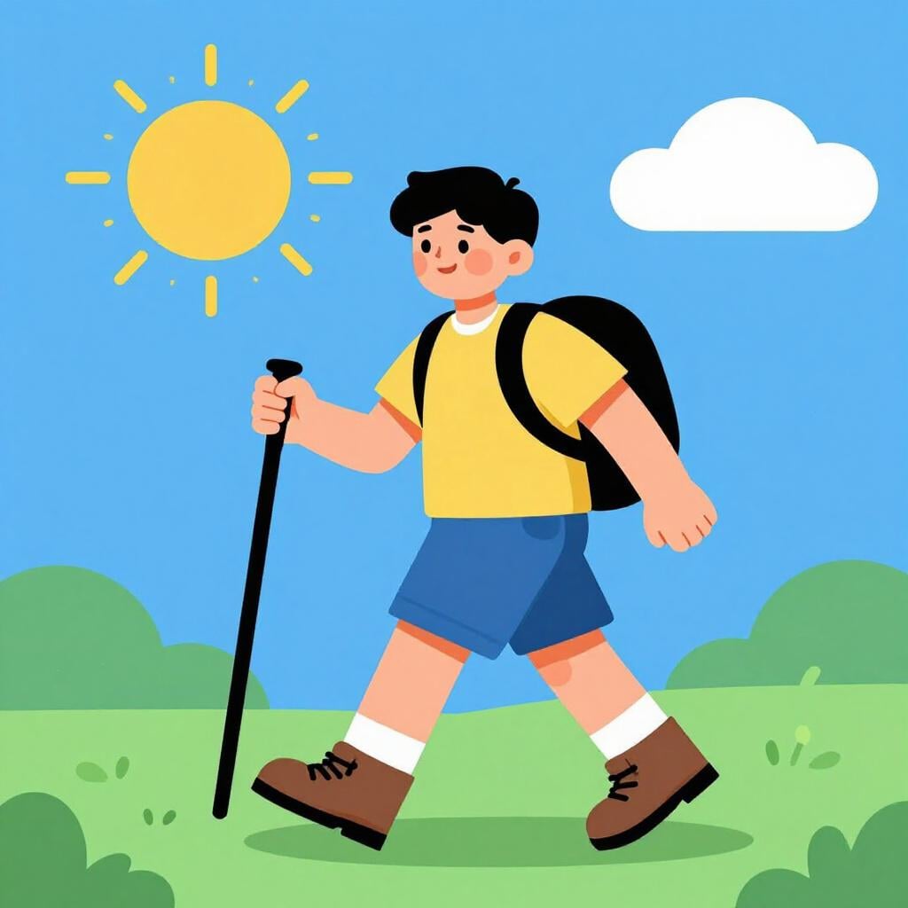 A person smiling brightly while hiking up a green hill under a sunny sky.