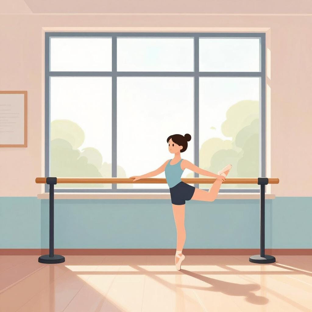 Een kleurrijke illustratie van een lichte dansstudio met houten vloeren en een grote spiegel. Eén leerling oefent een stretch bij een balletstang.