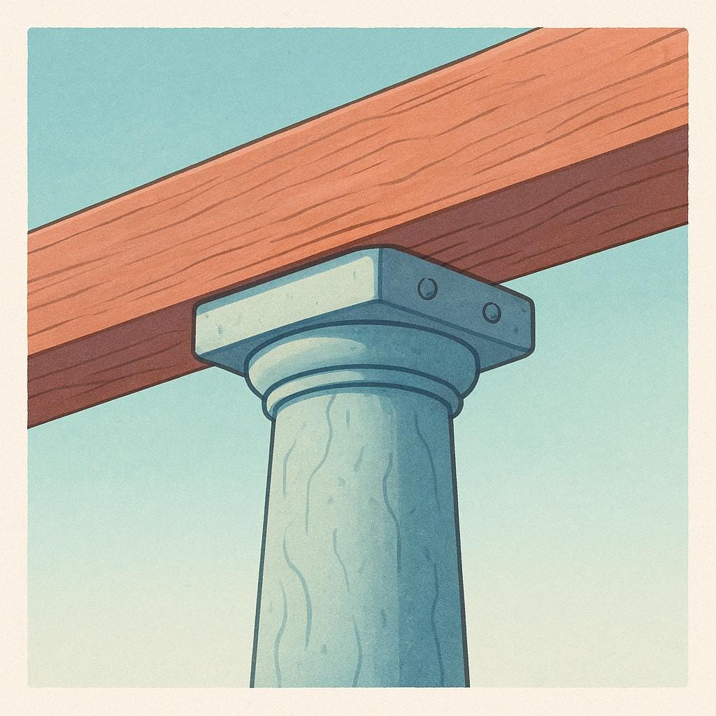 A large, strong pillar made of stone holding up a heavy wooden roof beam, illustrating physical support.