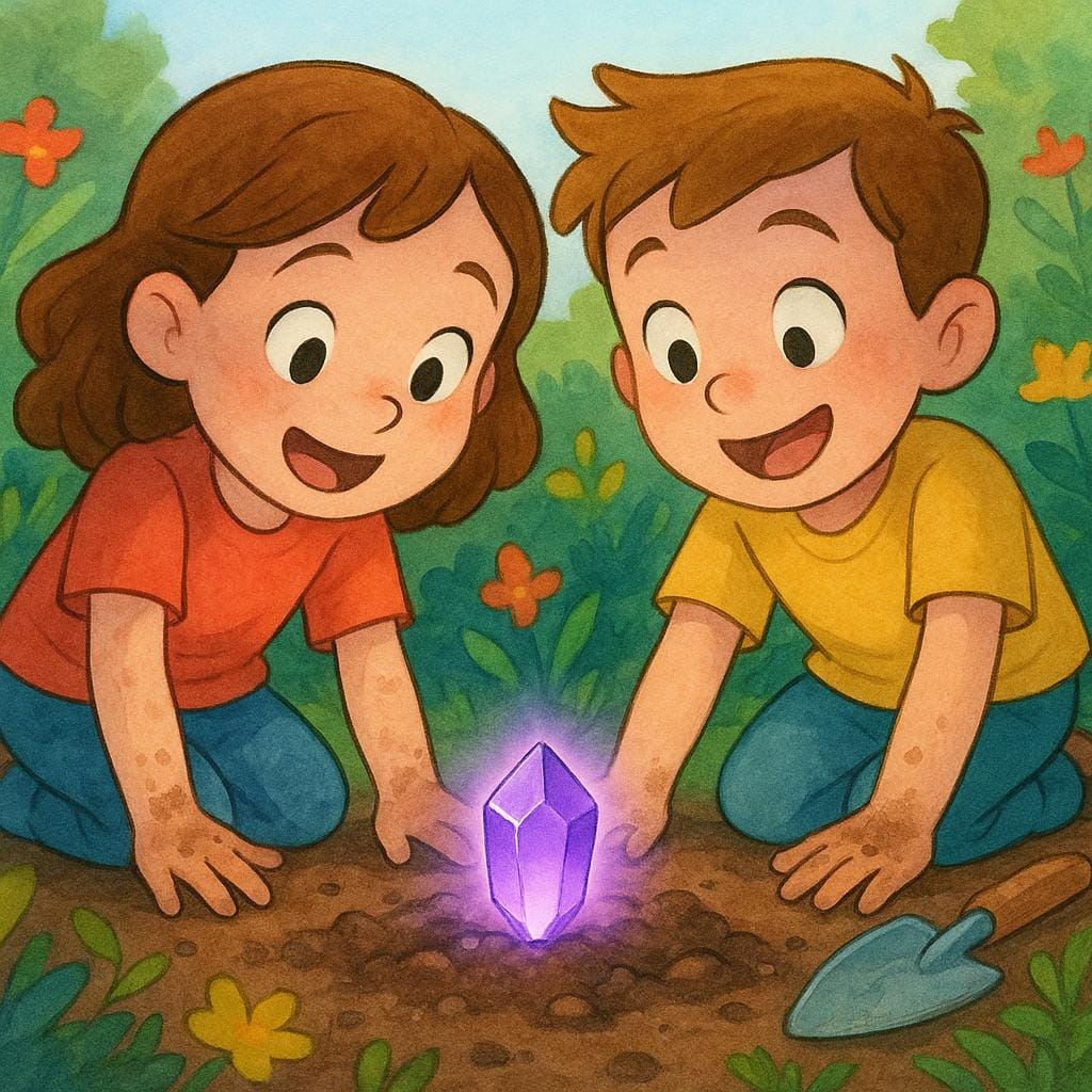 Two wide-eyed children are kneeling in a garden, excitedly looking at a small, glowing purple crystal they just uncovered from the dirt.