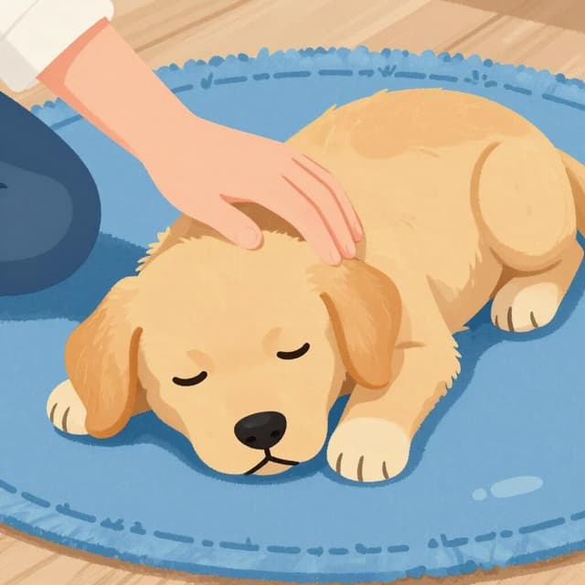 Une main douce caressant le dos d'un petit chiot golden retriever paisible, couché calmement.
