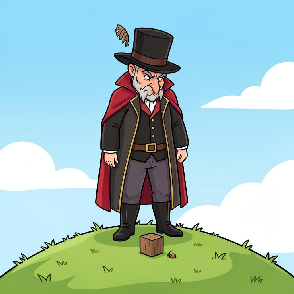 A tall person standing on a hill looking down with a haughty expression at a tiny, simple toy on the ground.
