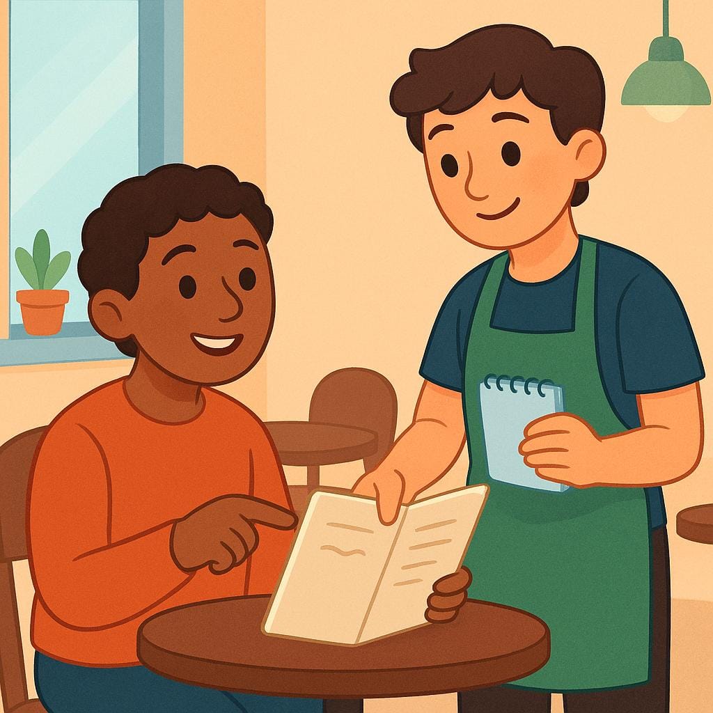 A customer sitting at a table pointing decisively at a menu while a waiter stands ready with a notepad, symbolizing ordering food.