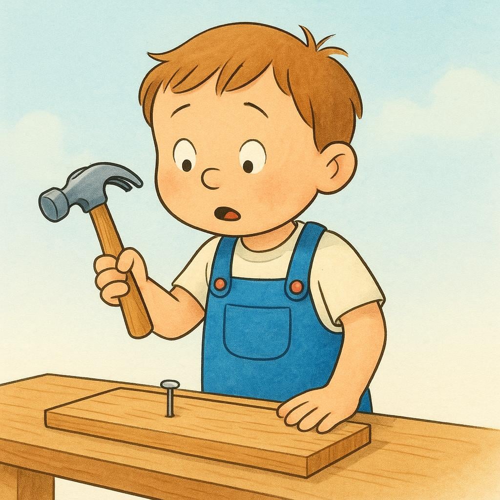 A simple storybook illustration showing a person attempting to hammer a nail into a wooden board using the handle end of the hammer instead of the head, illustrating a clear mistake or misunderstanding.