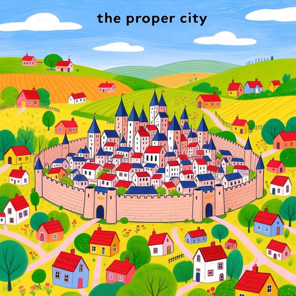 An aerial view showing a highly structured, central, walled city standing distinctly separate from the less organized, scattered houses of the surrounding outskirts.