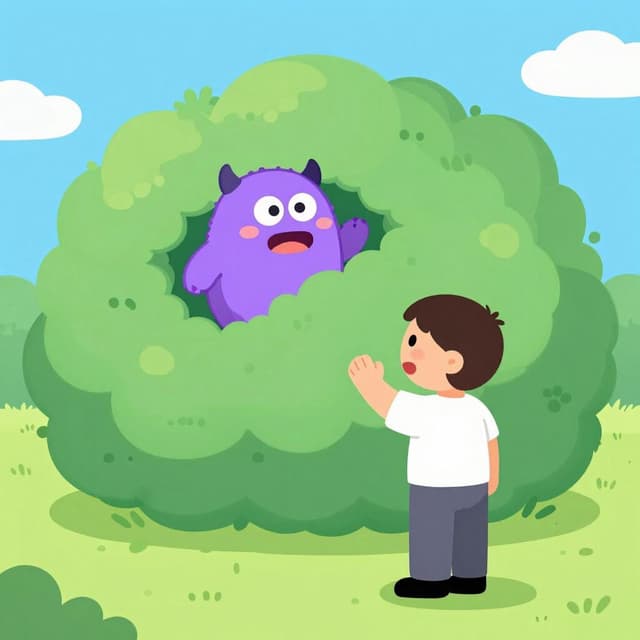 Een klein, kleurrijk monster dat achter een struik vandaan springt om een geschrokken personage met grote ogen en geheven handen te verrassen.