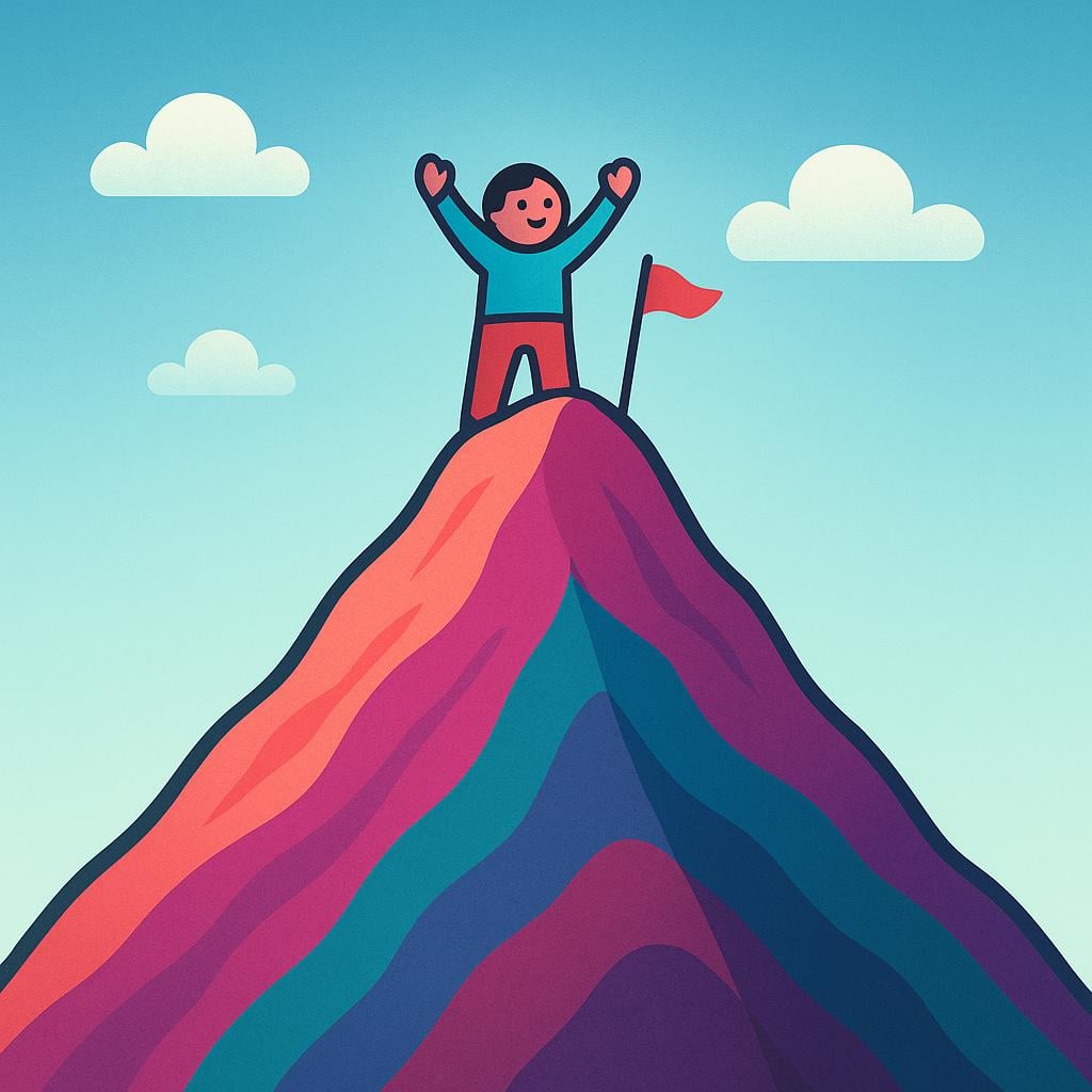 A small figure stands victoriously on the peak of a brightly colored mountain, symbolizing a successful accomplishment.