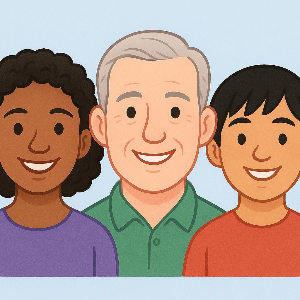 A close-up illustration showing three diverse human faces with different expressions.