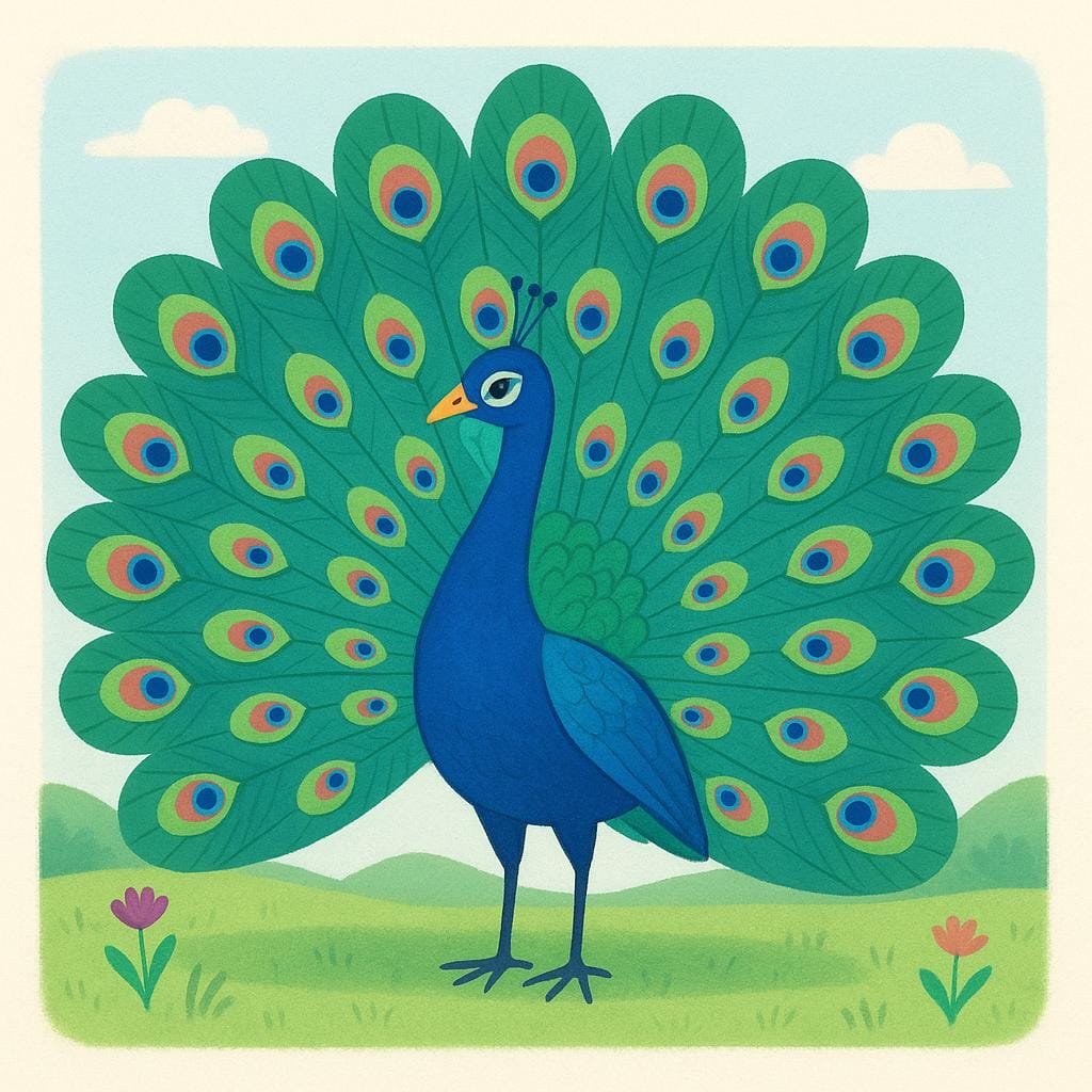 A majestic peacock standing in a sunny field, displaying its fully fanned, iridescent tail feathers.