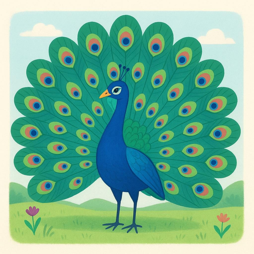 A majestic peacock standing in a sunny field, displaying its fully fanned, iridescent tail feathers.