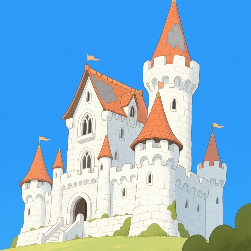 A magnificent, perfectly built storybook castle made of white stone under a bright blue sky, showing a tiny, isolated grey patch of discoloration on one turret.