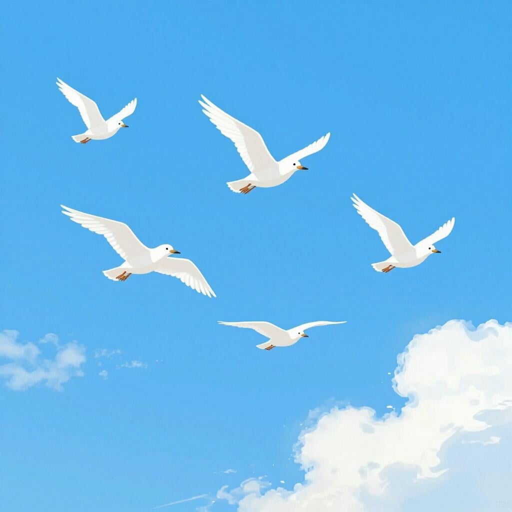 A flock of white birds flying across a clear blue sky.