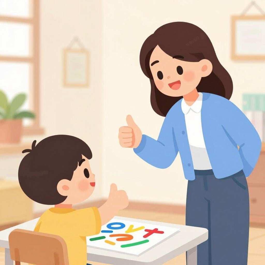 학생의 창의적인 그림을 보며 엄지척을 해주는 선생님.