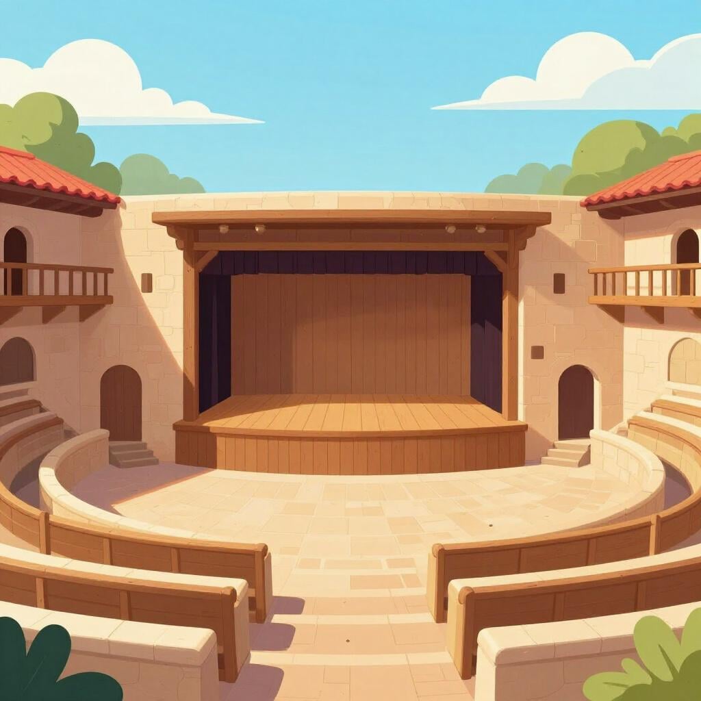 Ein alter Steinhof mit einer Holzbühne und Balkonen, der ein Freilichttheater darstellt.