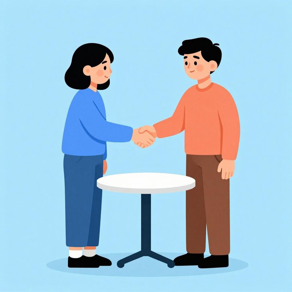 Two people shaking hands over a small table, one person is smiling and nodding as they reach across.