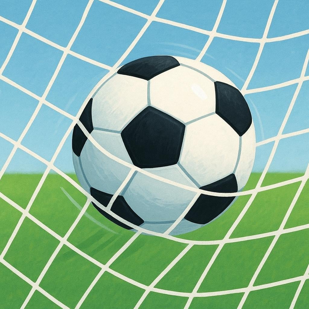 A soccer ball flying through the air and entering the back of a soccer goal net, suggesting a successful score.