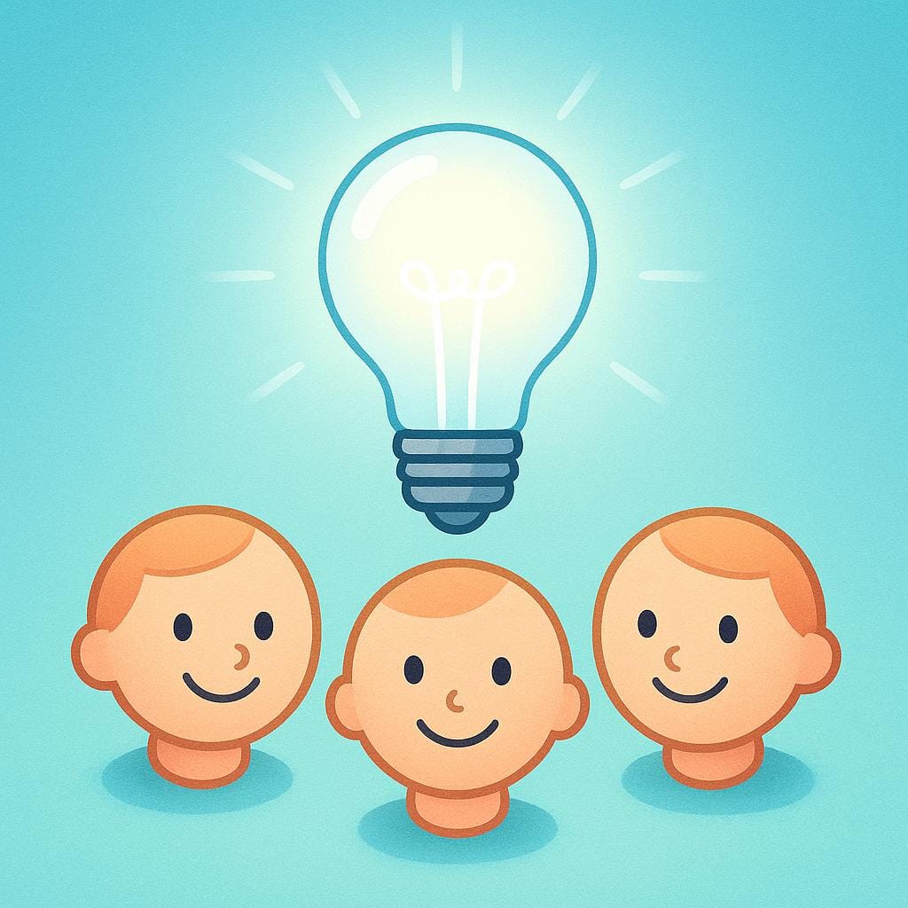 Three simple cartoon heads simultaneously illuminated by a single, bright lightbulb floating above them, symbolizing that a concept has been successfully understood by everyone.