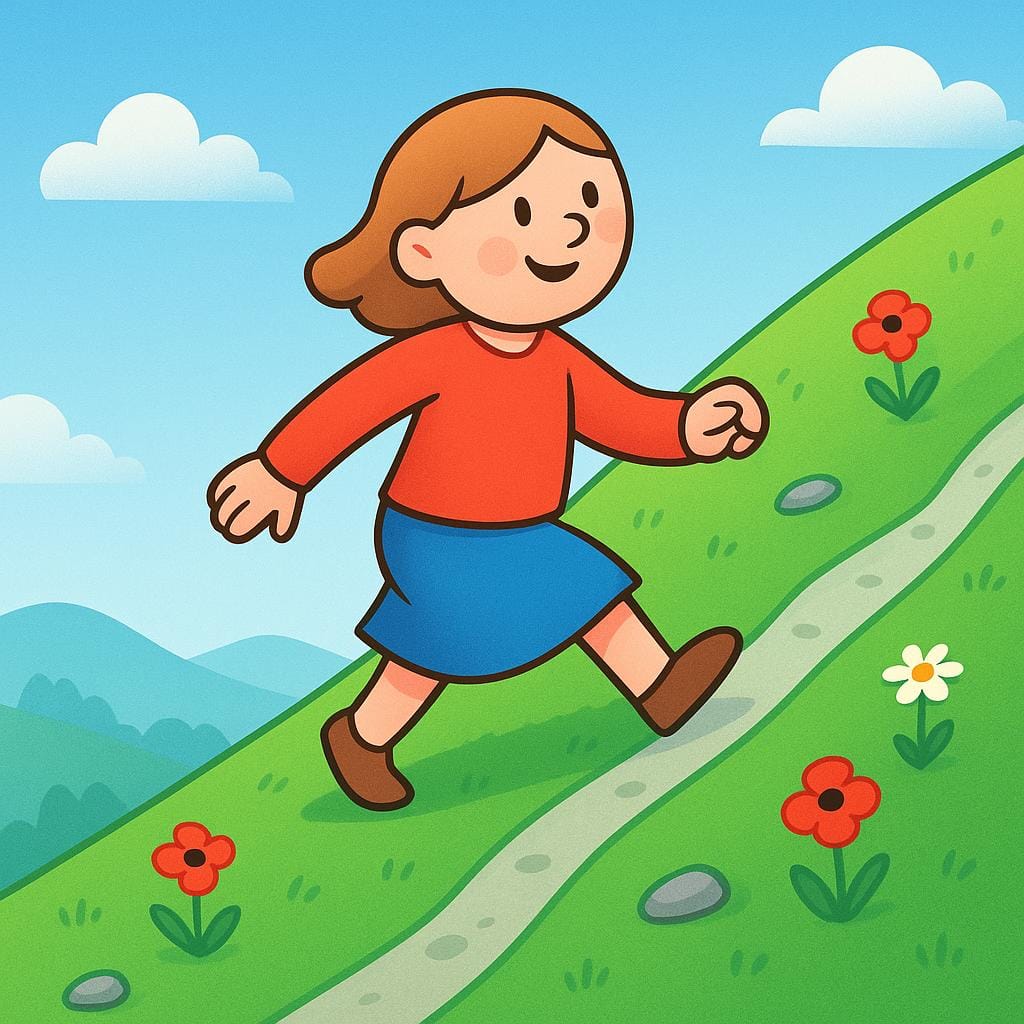 A small person wearing a red shirt is walking down a steep, grassy hill against a bright blue sky.