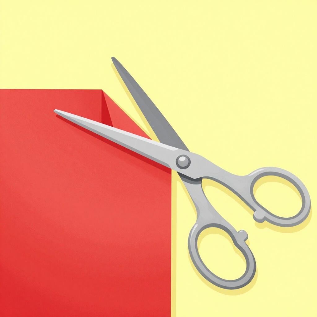 A single piece of red paper cut in half by a pair of silver scissors.