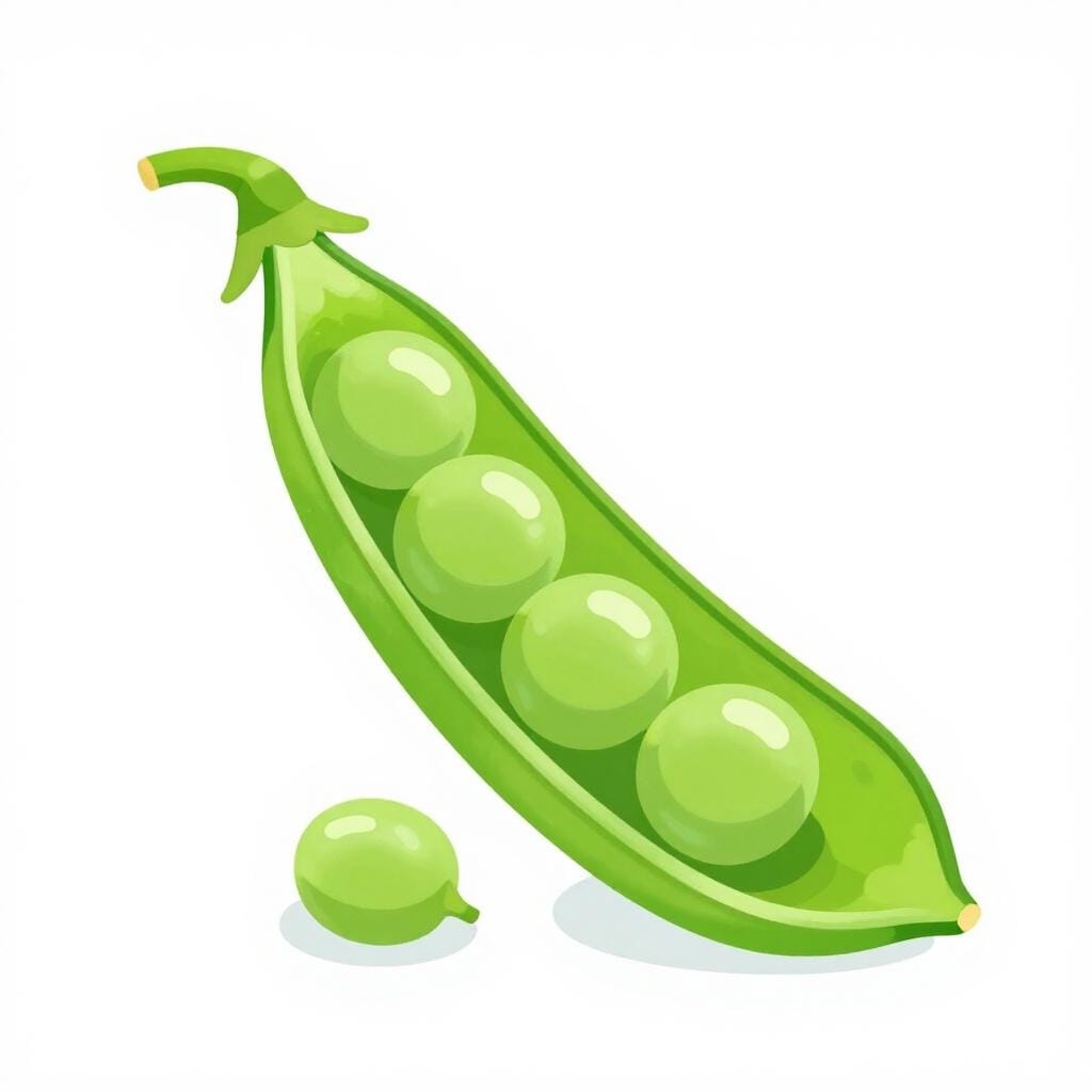 A bright green pea pod split open to reveal round green peas inside.