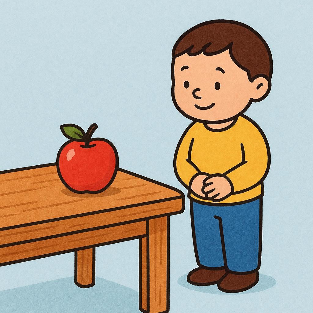 A small, cheerful figure stands next to a wooden table, having just placed a single red apple on its surface, indicating a completed action.