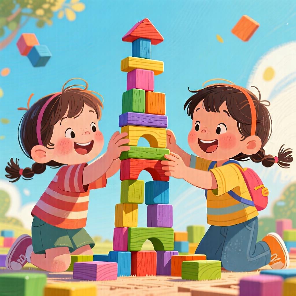 Two children working together to build a tall tower out of colorful wooden blocks.