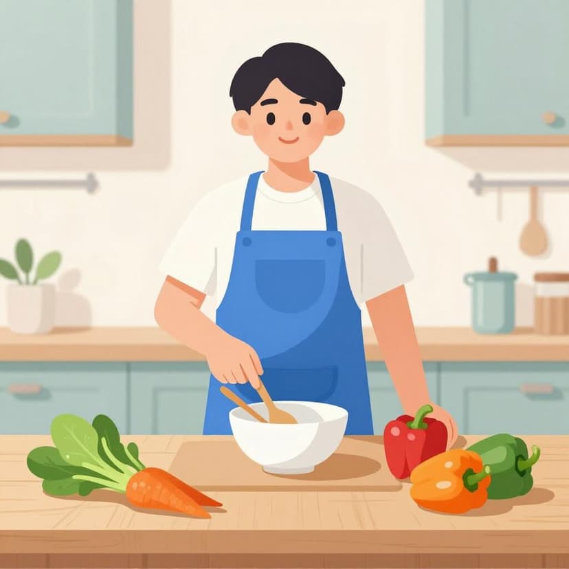 앞치마를 두른 사람이 재료가 있는 주방 조리대 앞에 서서 요리할 준비를 하고 있는 모습.