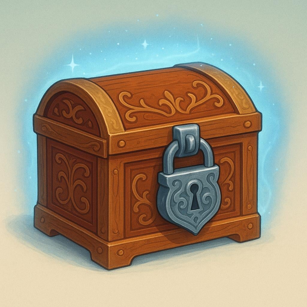 A simple, ornate wooden chest secured with a large, stylized padlock and surrounded by a faint, shimmering blue protective aura, symbolizing that it is inviolable.