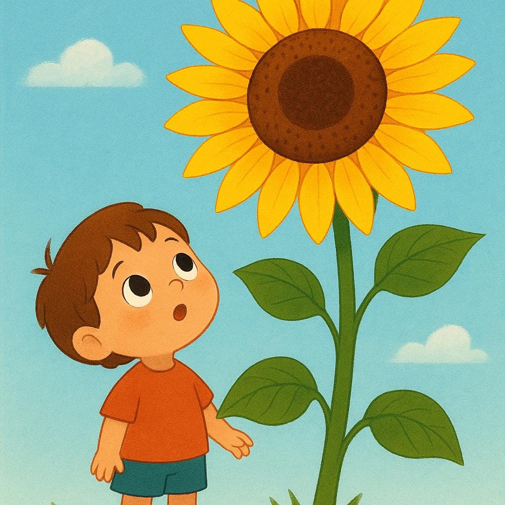 A small, wide-eyed child standing next to a massive, vibrant yellow sunflower that towers over them, looking up in awe and surprise.