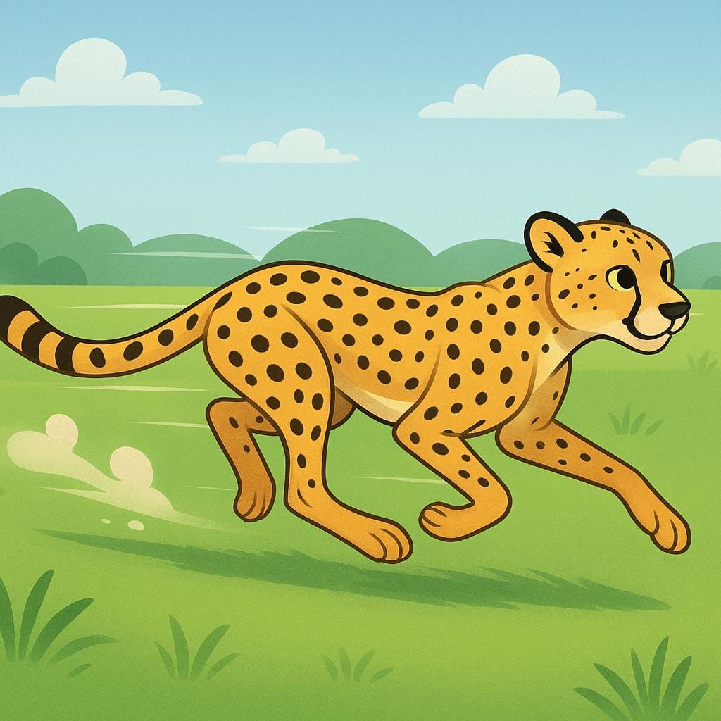 A cheetah running at full speed across a green field, emphasizing quick movement.