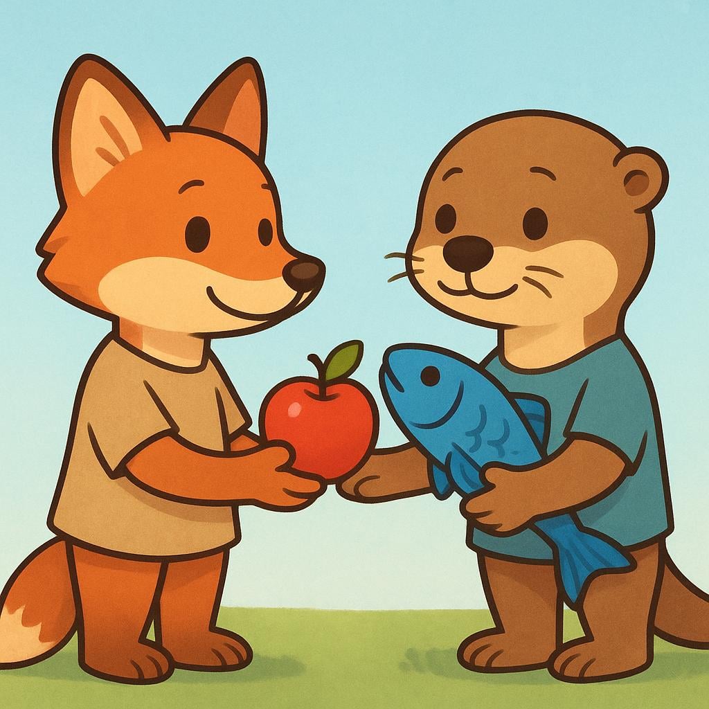 Two cartoon characters exchanging items; one hands over a red apple, and the other hands over a blue fish, symbolizing an exchange of goods.