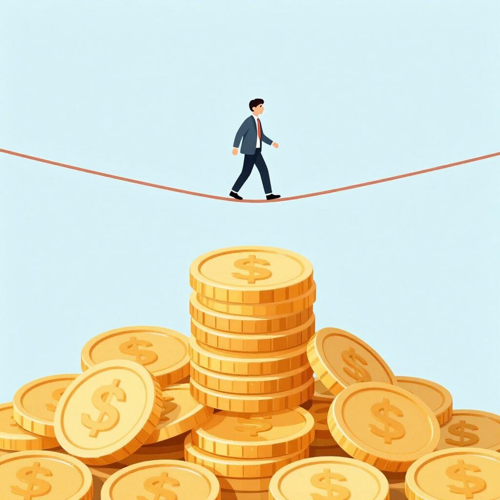 綱渡りをする人が、金貨の山の上でバランス棒を持ってバランスを取っている。