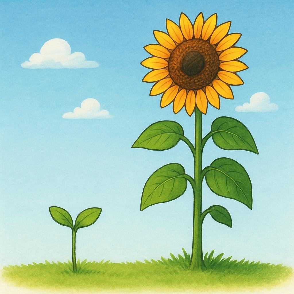 A visual representation of personal growth, showing a small, green seedling standing next to a tall, healthy, fully bloomed sunflower.