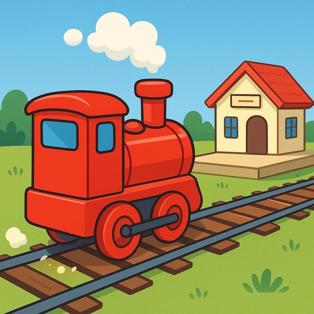 A bright red toy train is moving backward on a track, reversing its direction away from a small station.