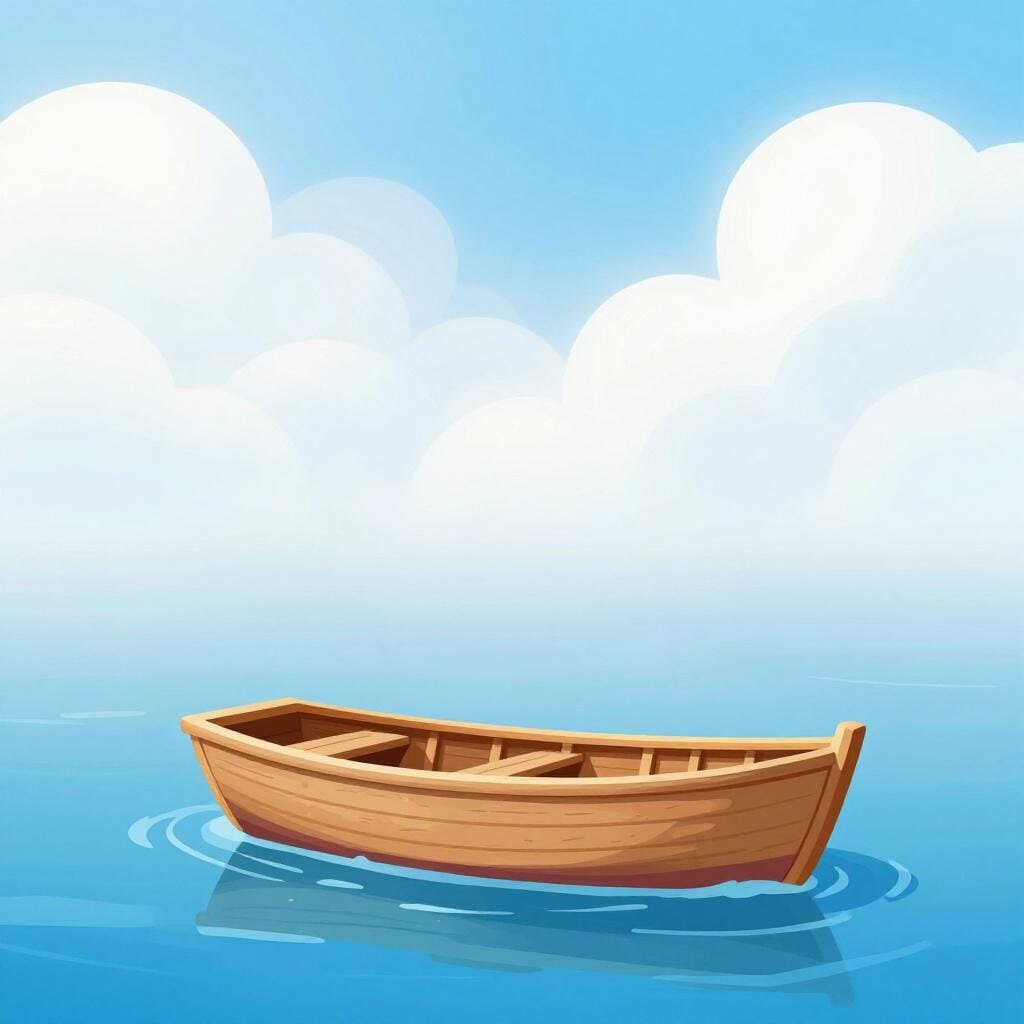 Een klein bootje dat op een kalme zee drijft, precies aan de rand van een dikke, mysterieuze mistbank.