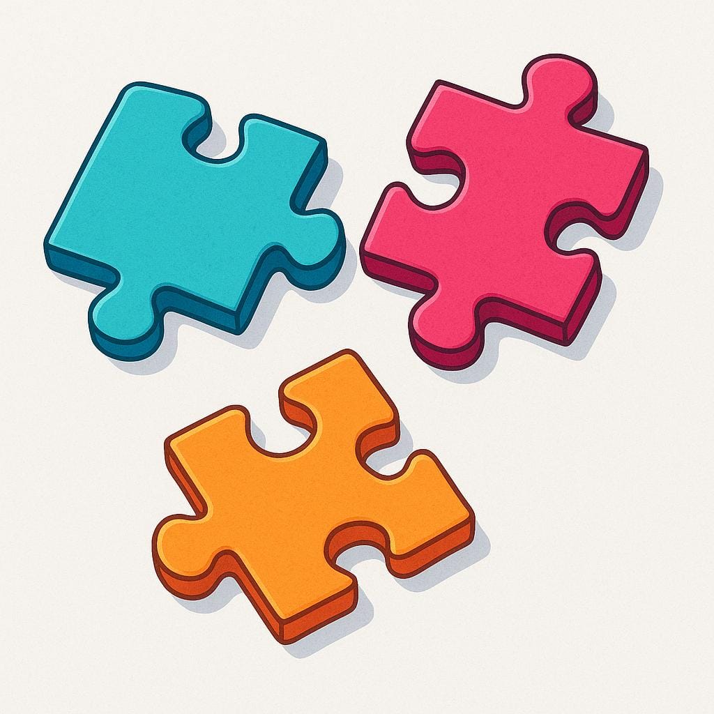 Three brightly colored, complexly shaped puzzle pieces scattered on a flat surface. They clearly do not fit together, symbolizing multiple difficult tasks or problems.