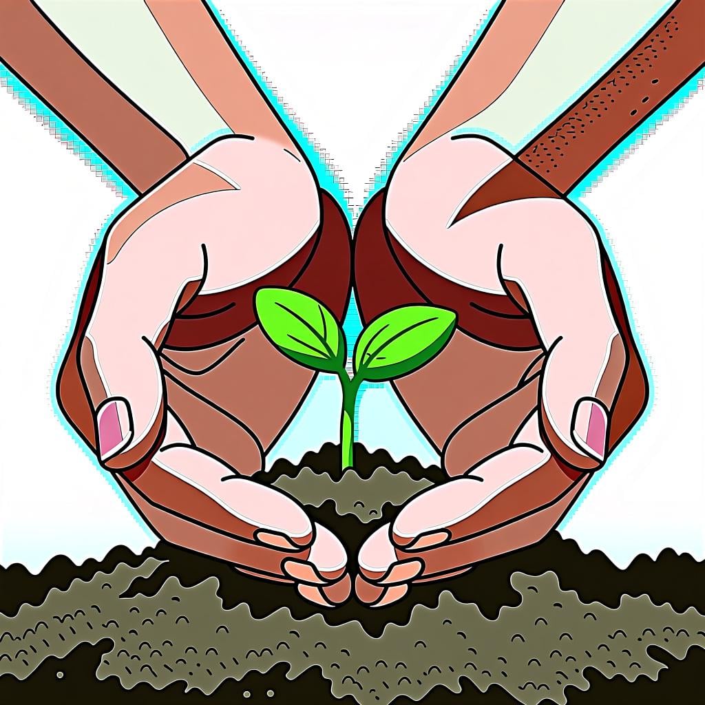 A close-up image of a person's hands gently cupping and protecting a fragile, vibrant green seedling emerging from the soil, symbolizing care and diligence.
