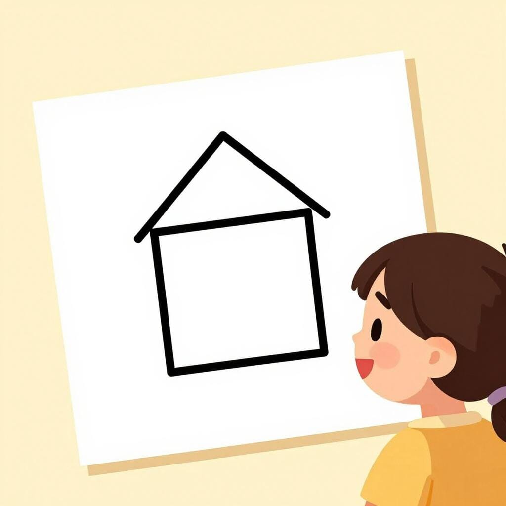 Un bambino che guarda un disegno semplice e chiaro di una casa e sorride.