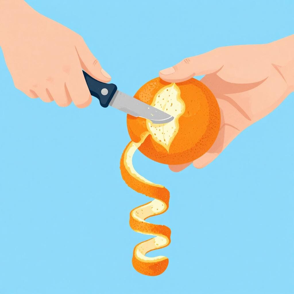 A hand holding a small knife to remove the bright orange skin from a round orange fruit.